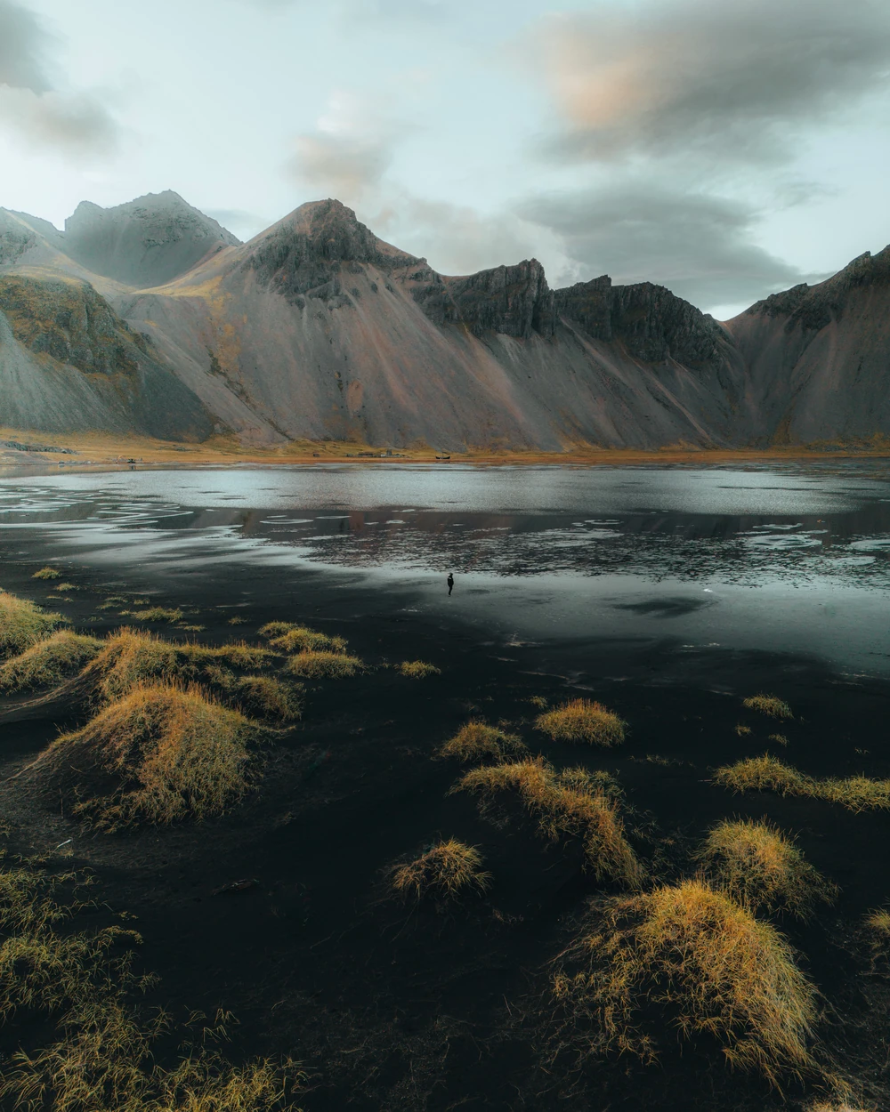Dark sand and patches of grass below a mountain range and its reflection.
