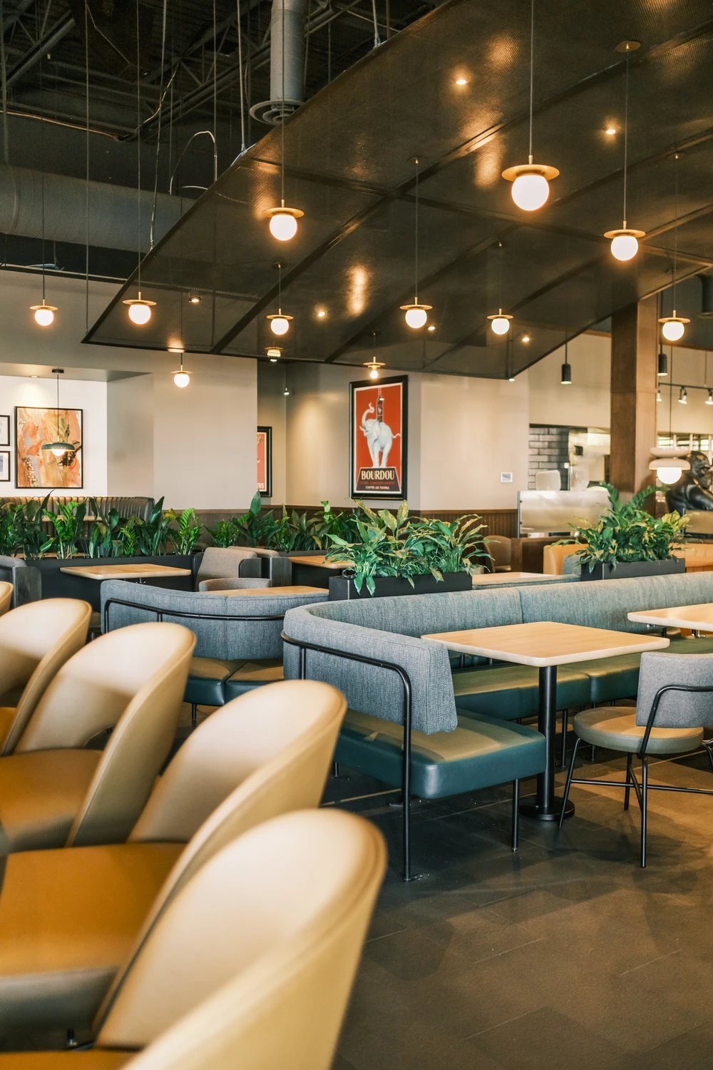 A wide view of the restaurant Earl's with its completed artwork installation.
