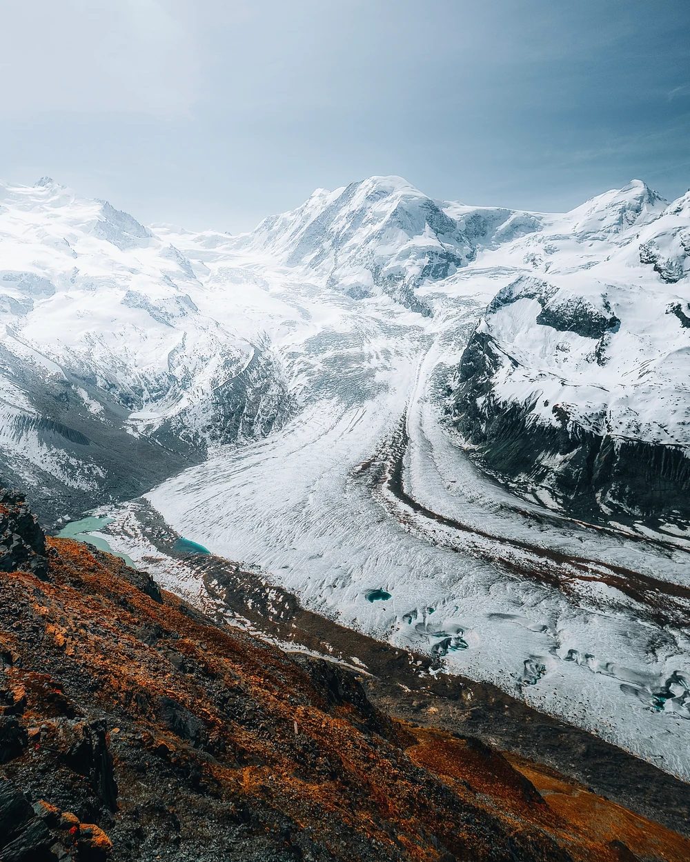 A vast curved glacier below snow-covered mountains, seen above a rusty-coloured rocky foreground.